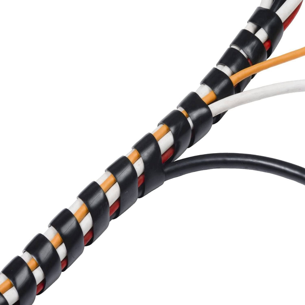 Black spiral cable wrap with orange and white spacer bands along the coil