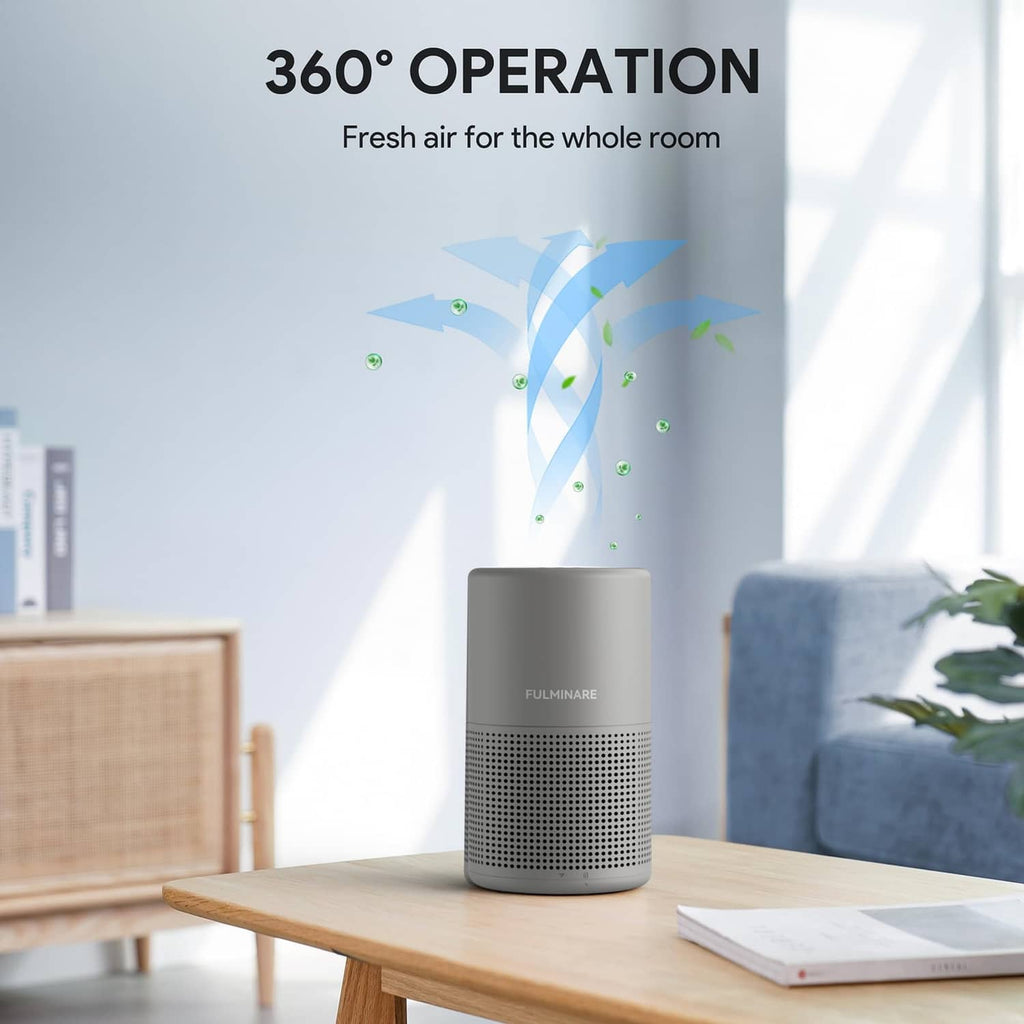 Gray FULMINARE air purifier centered on table, top fan and front vent panel