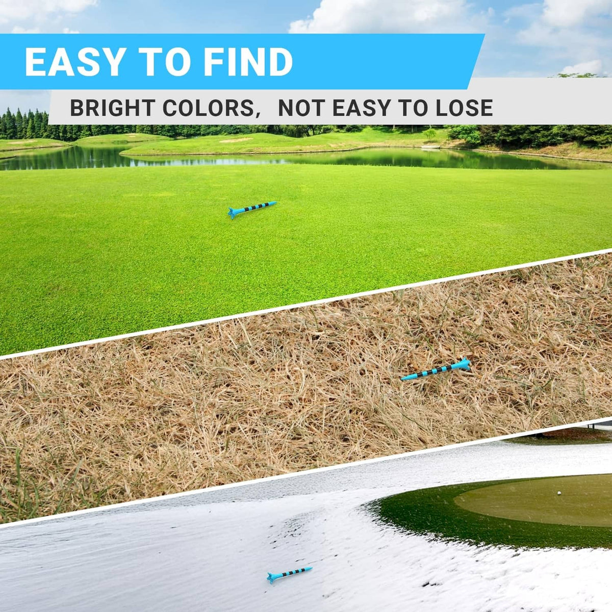 Blue plastic golf tees scattered on grass near a wooden surface