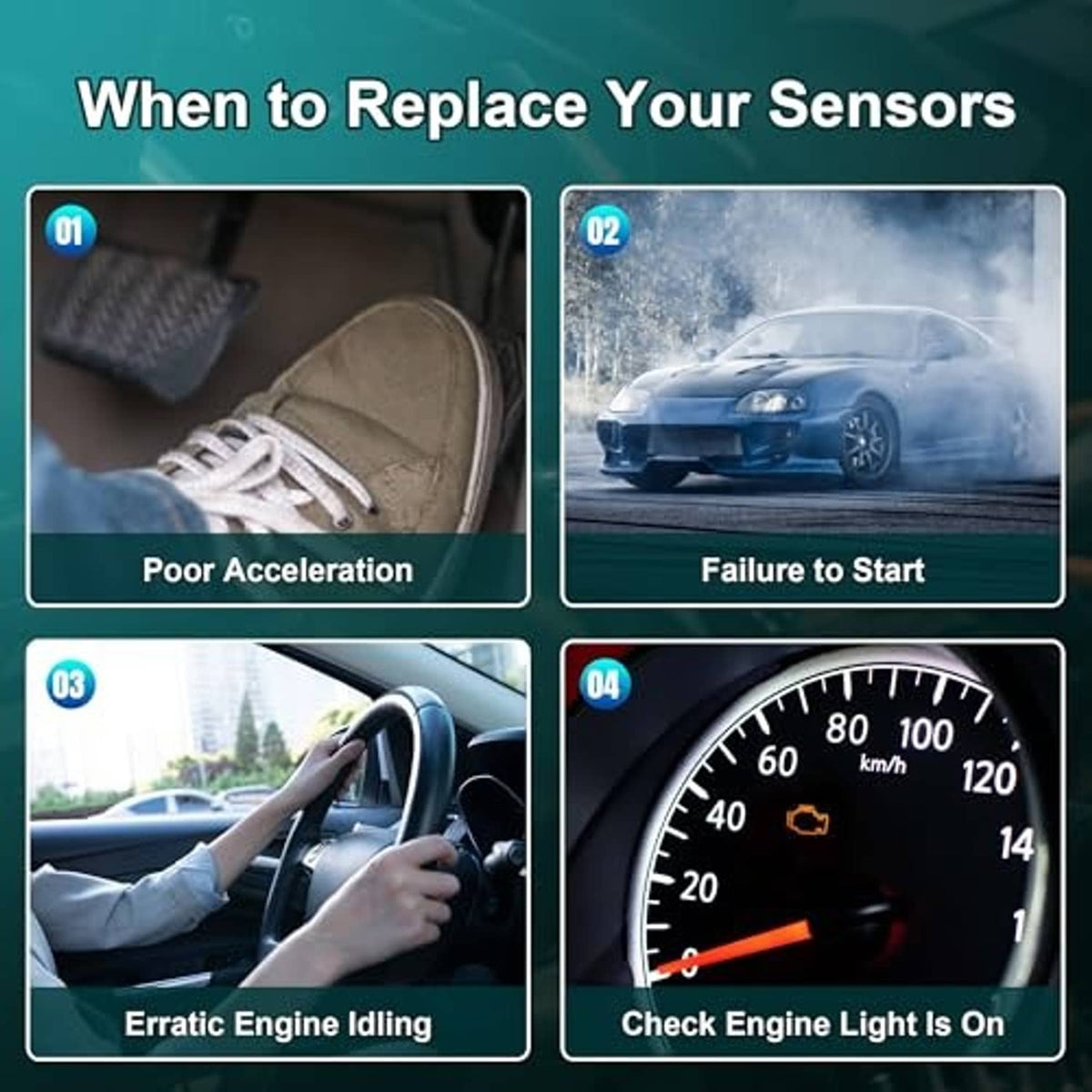 Camshaft position sensor replacement warning graphic with vehicle starting and check engine icons