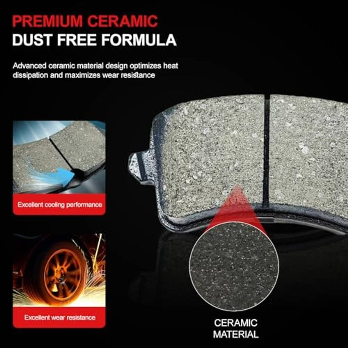 Brake pad set showing gray ceramic friction pads with dust-flecked texture