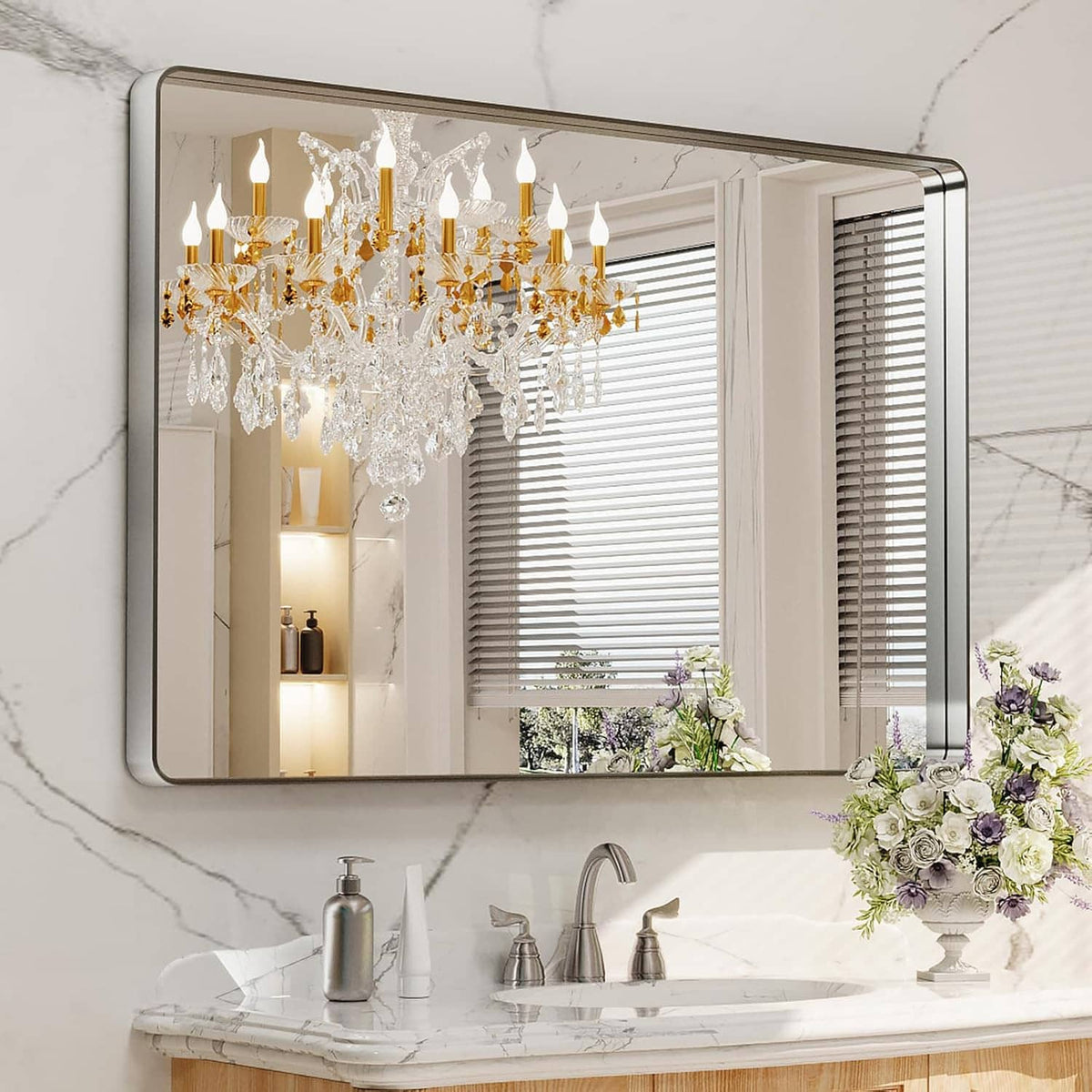 Wall-mounted rounded rectangle bathroom mirror with brushed nickel silver metal frame