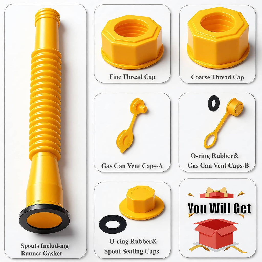 Yellow gas can vent spout replacement set with thread caps, O-rings, and matching sealing caps