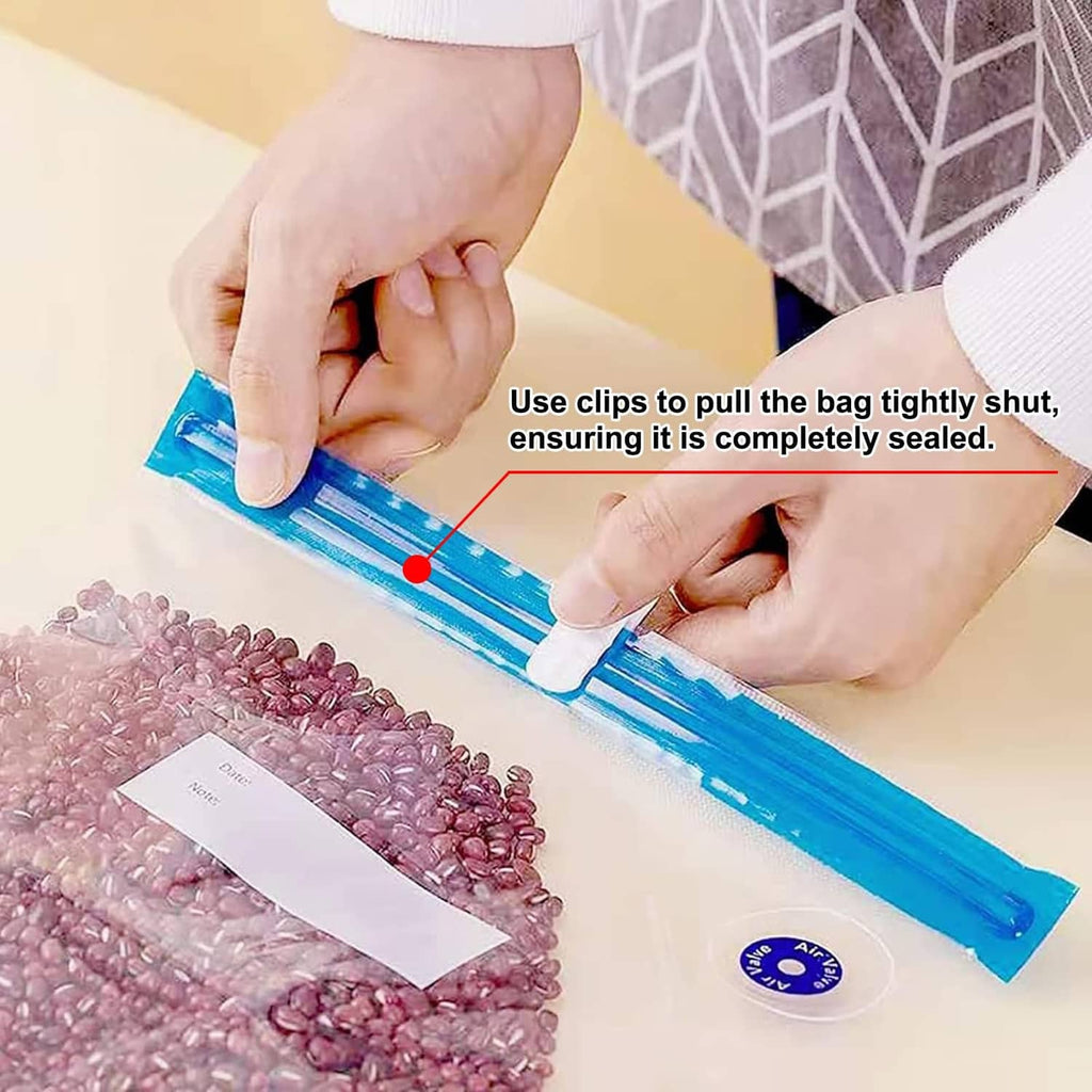 Hands sealing a vacuum sealer bag with a blue zip strip clip, shown with food inside