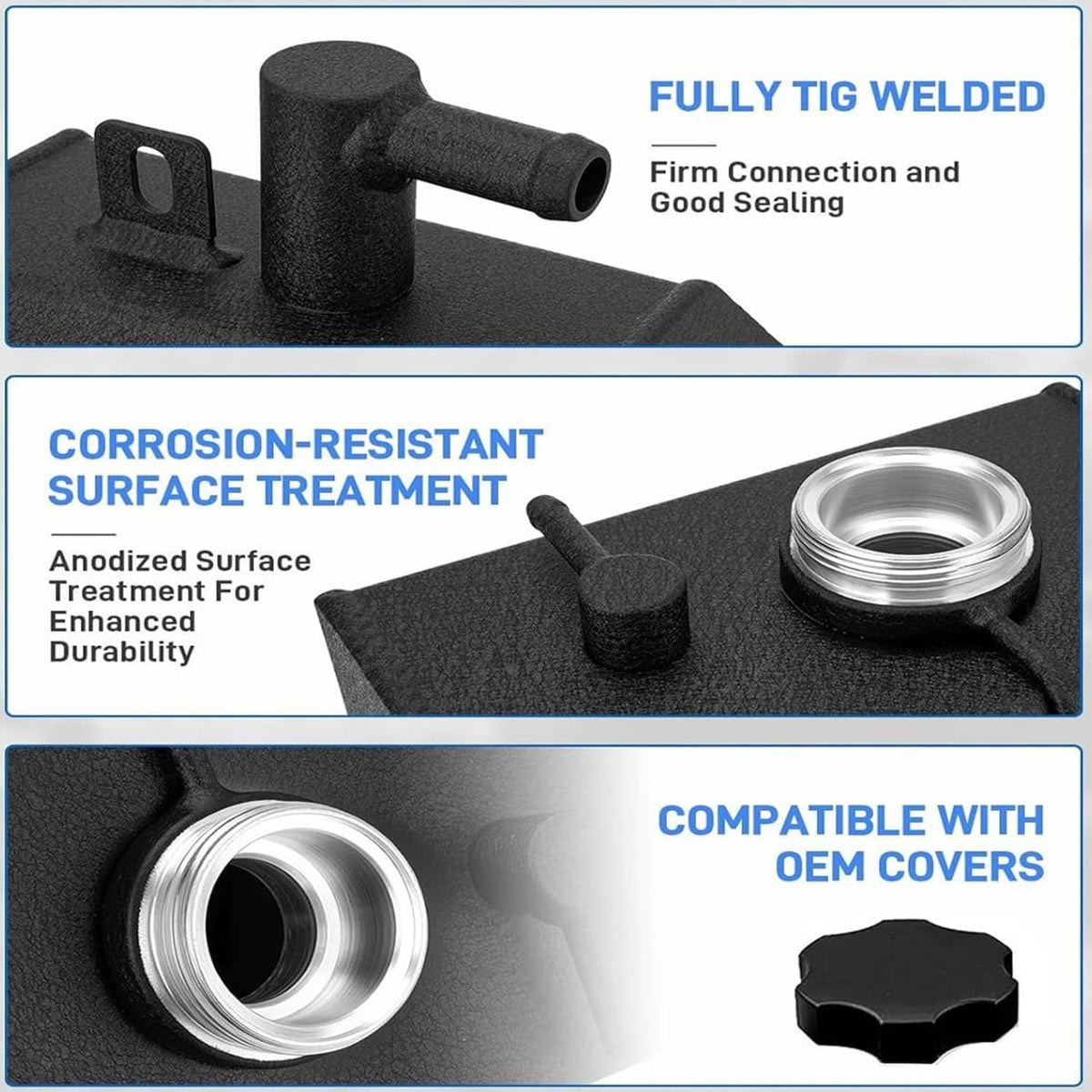 Black coolant reservoir tank with threaded inlet opening and curved outlet spout