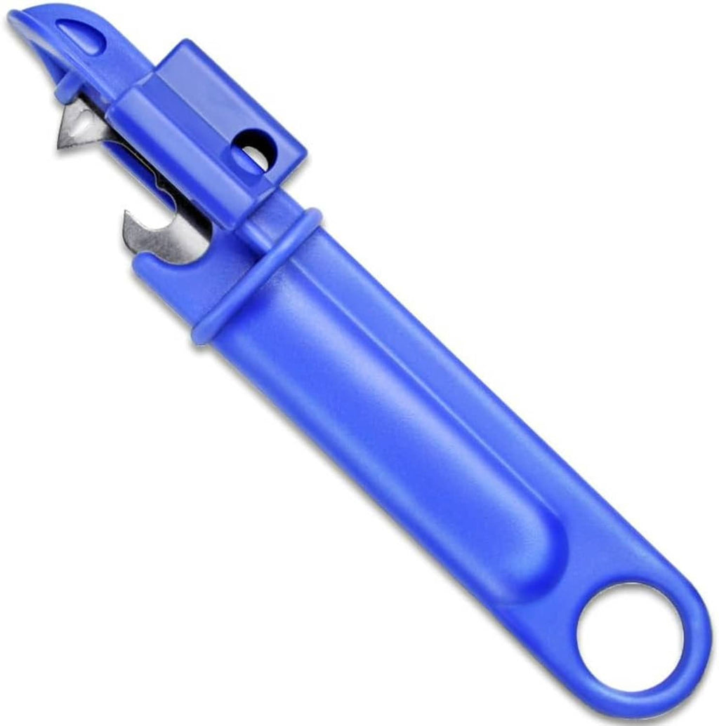 Blue canister puncture tool with metal U-shaped prongs and handle loop hole