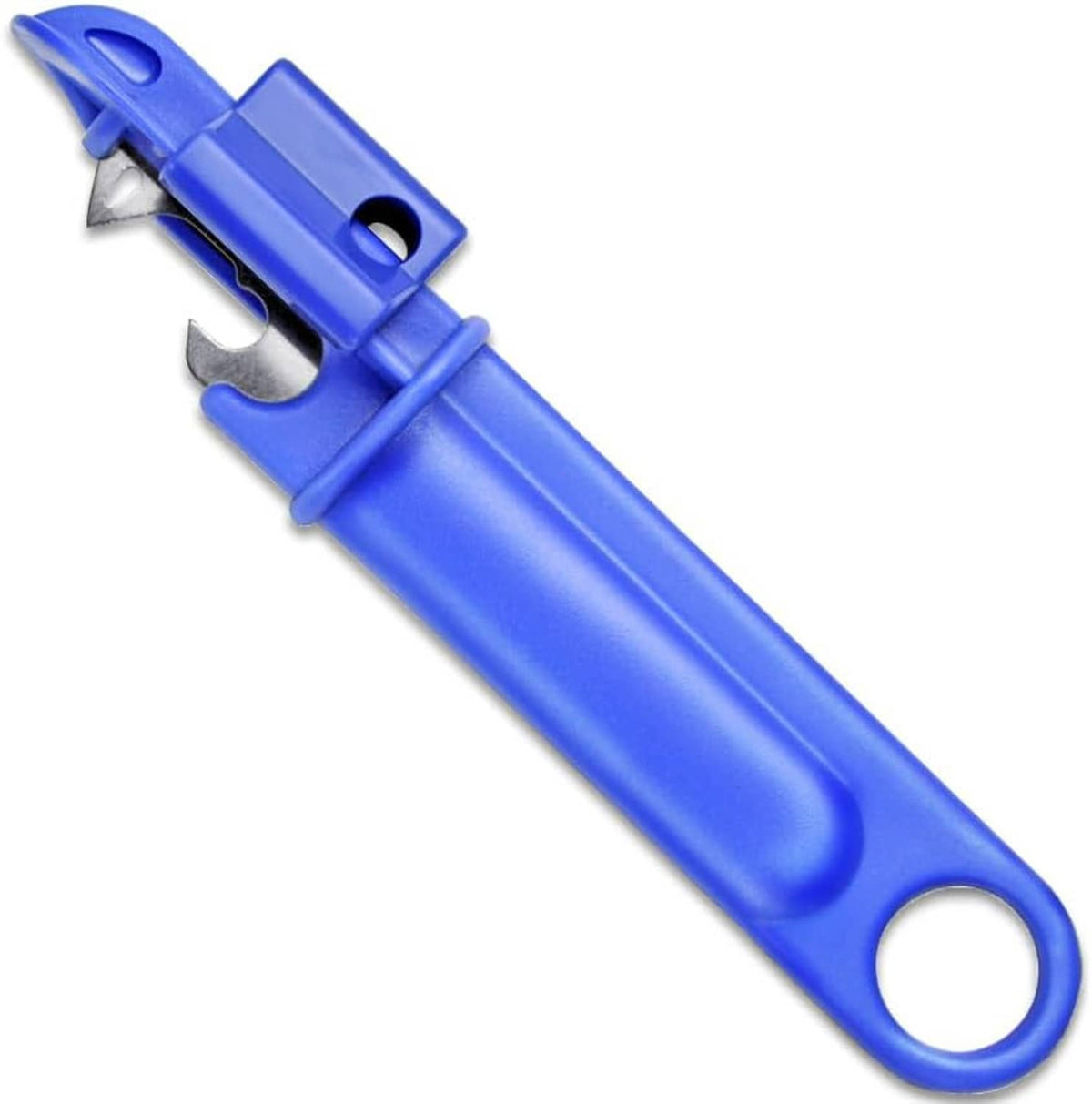 Blue canister puncture tool with metal U-shaped prongs and handle loop hole