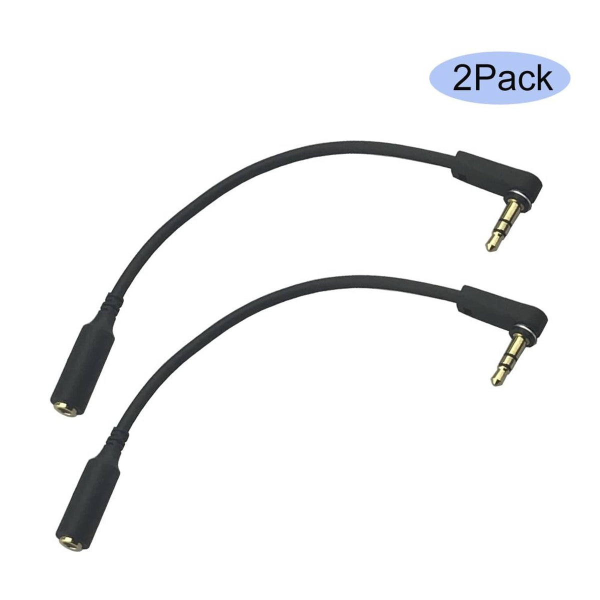 2-pack 3.5mm audio extension cords, black, right-angle male to female plugs.