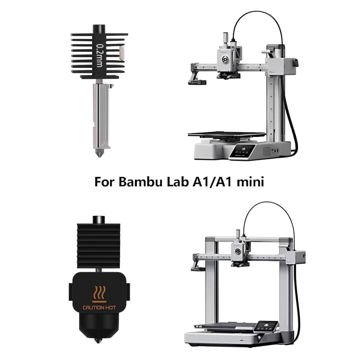Hotend upgrade kit: heat sink, nozzle, and silicone sock with caution hot label