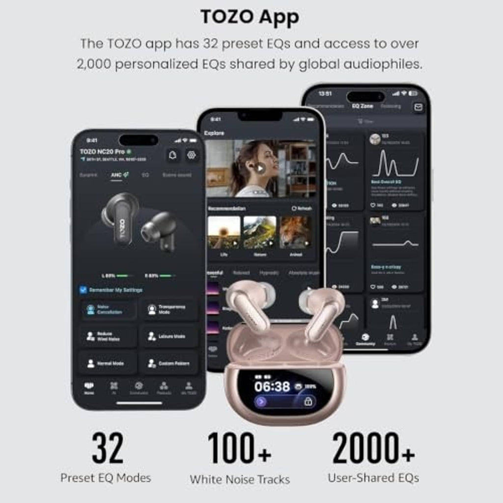 Pink wireless earbuds with charging case and app screens on smartphones