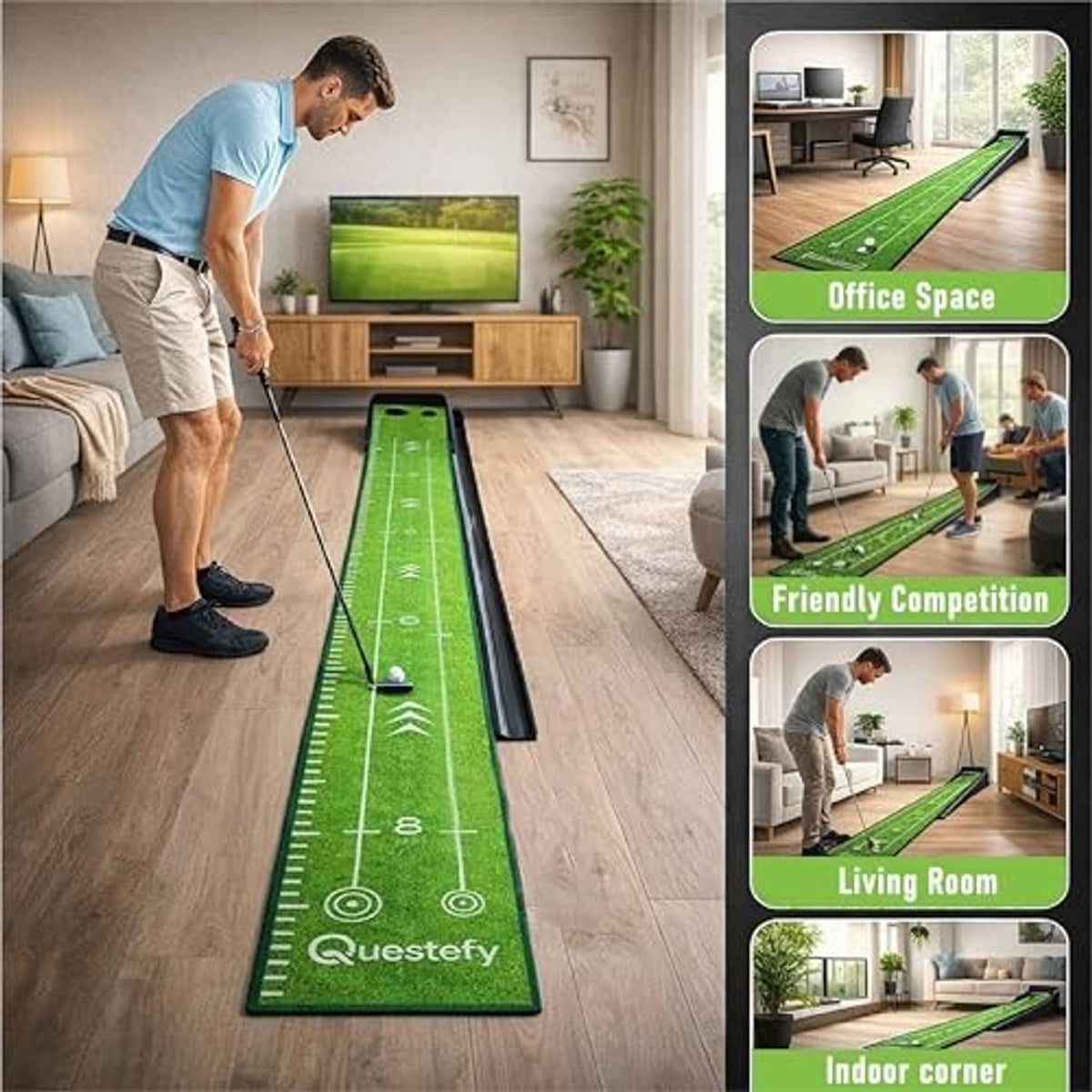 Green indoor putting mat for non-slip practice with a golfer taking a shot