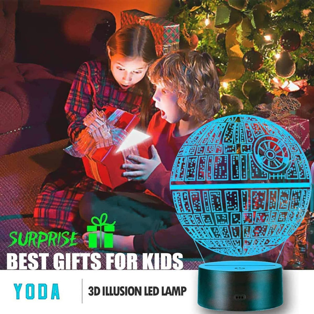 3D LED illusion lamp with black base; blue glowing planet on nightstand