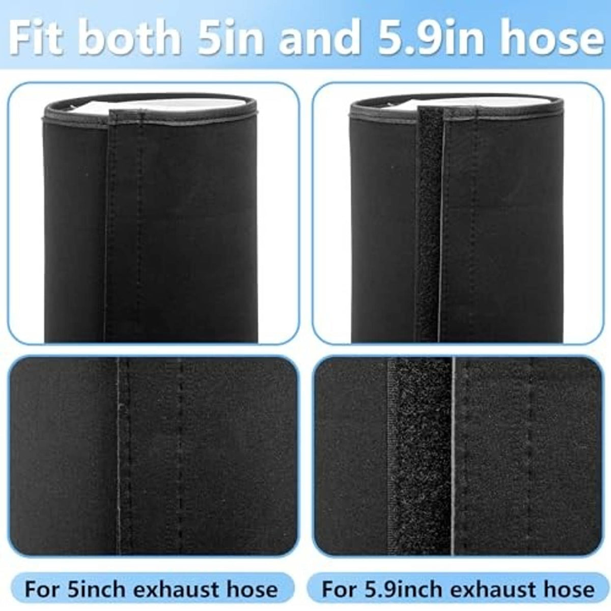 Two black AC hose insulation sleeves with vertical stitching, for 5 and 5.9 in hoses