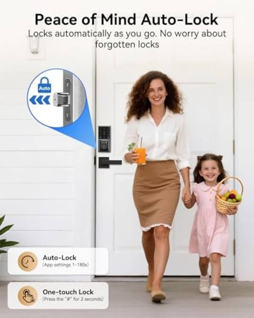 Keyless smart deadbolt lock with keypad and fingerprint reader on entry door, auto-lock