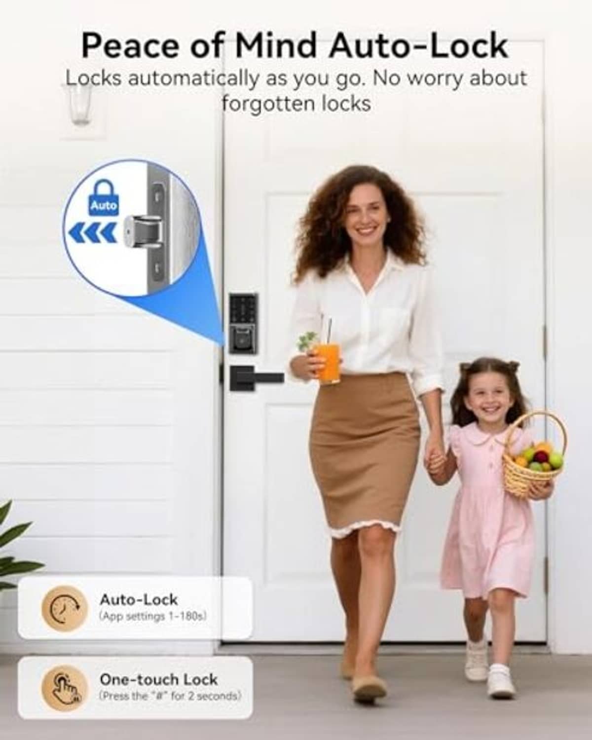Keyless smart deadbolt lock with keypad and fingerprint reader on entry door, auto-lock