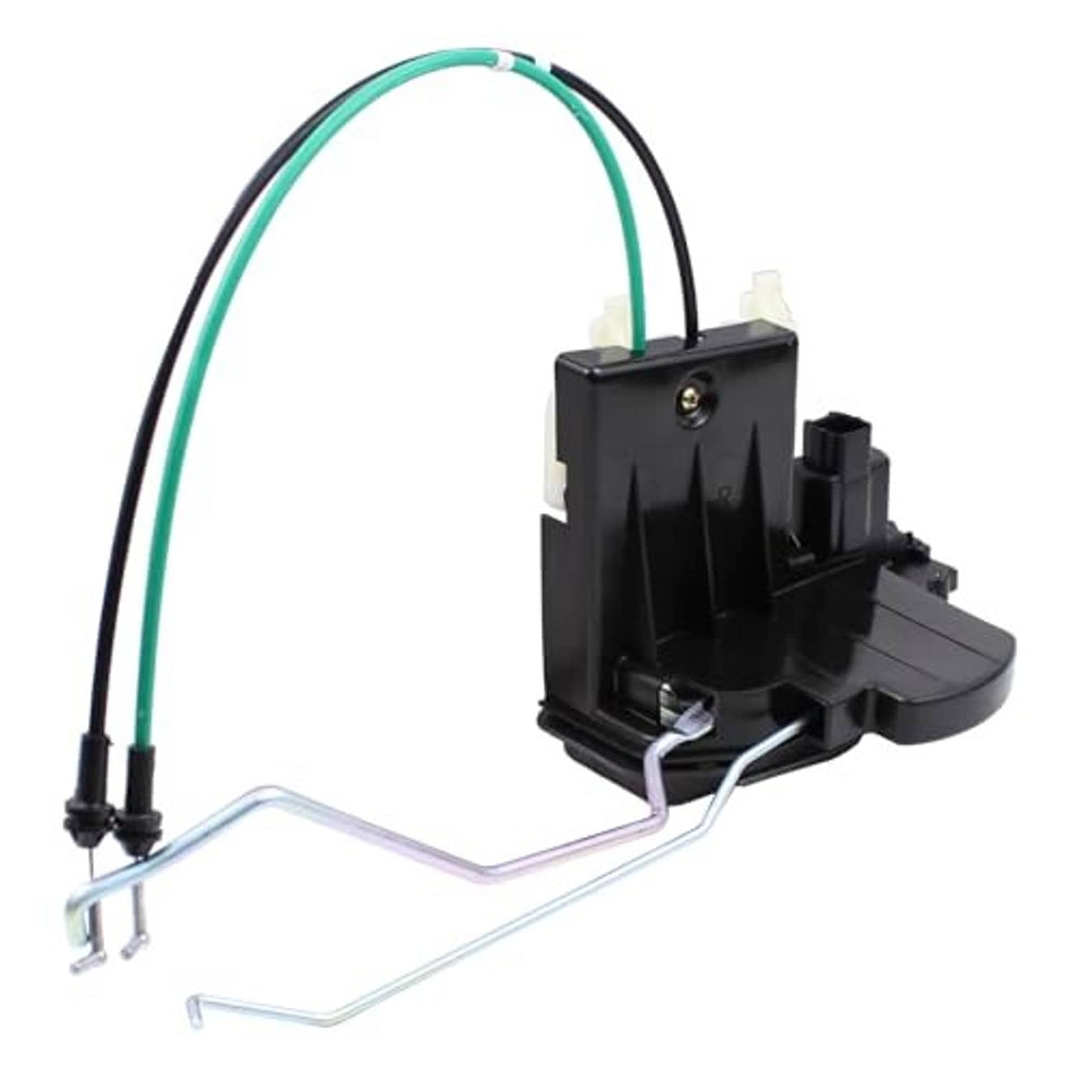 Front door lock latch actuator, black plastic body with green wire and metal rods