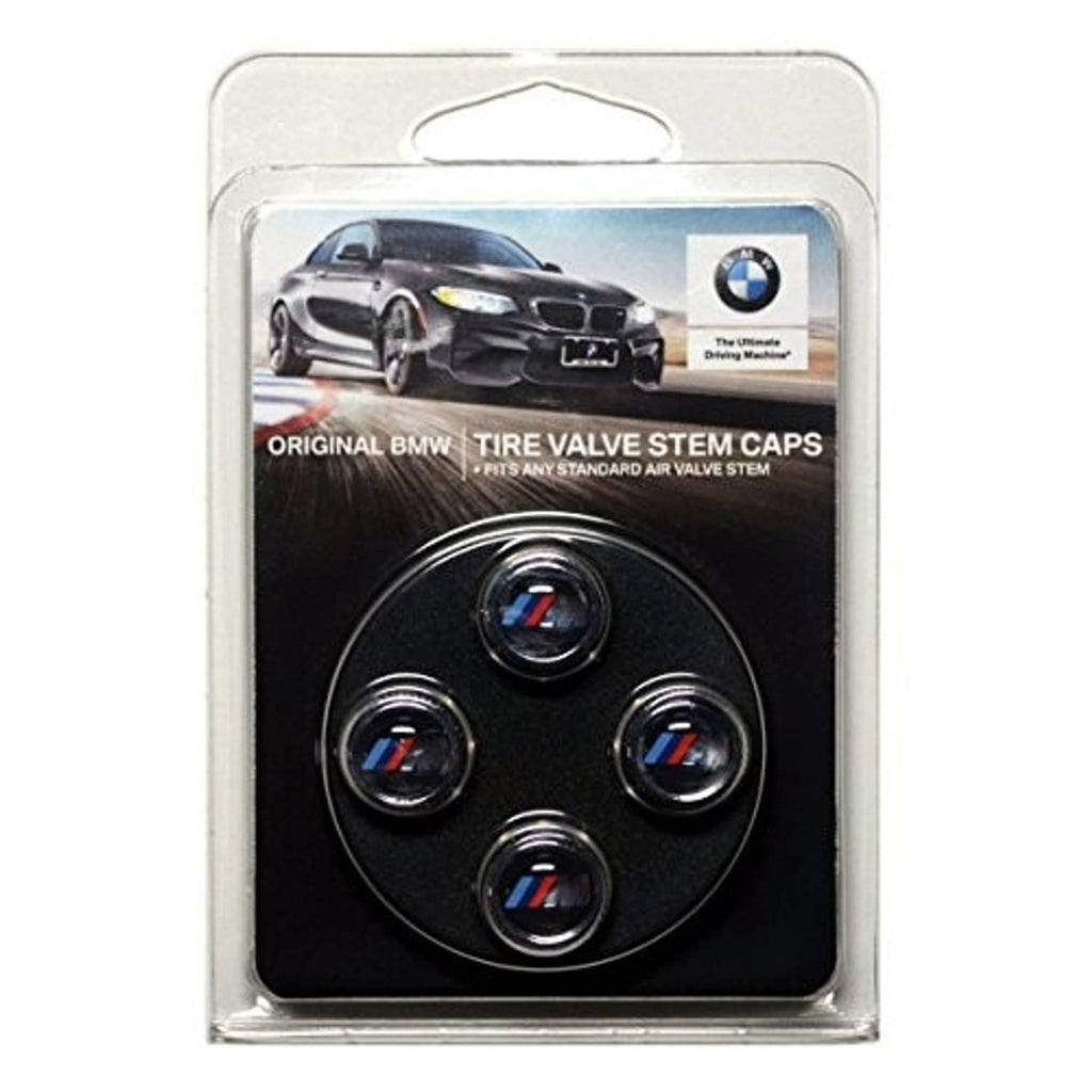 Set of 4 BMW M logo tire valve stem caps, silver caps with tri-color center