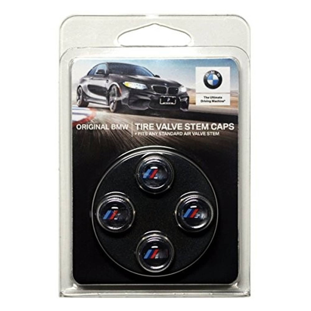 Set of 4 BMW M logo tire valve stem caps, silver caps with tri-color center