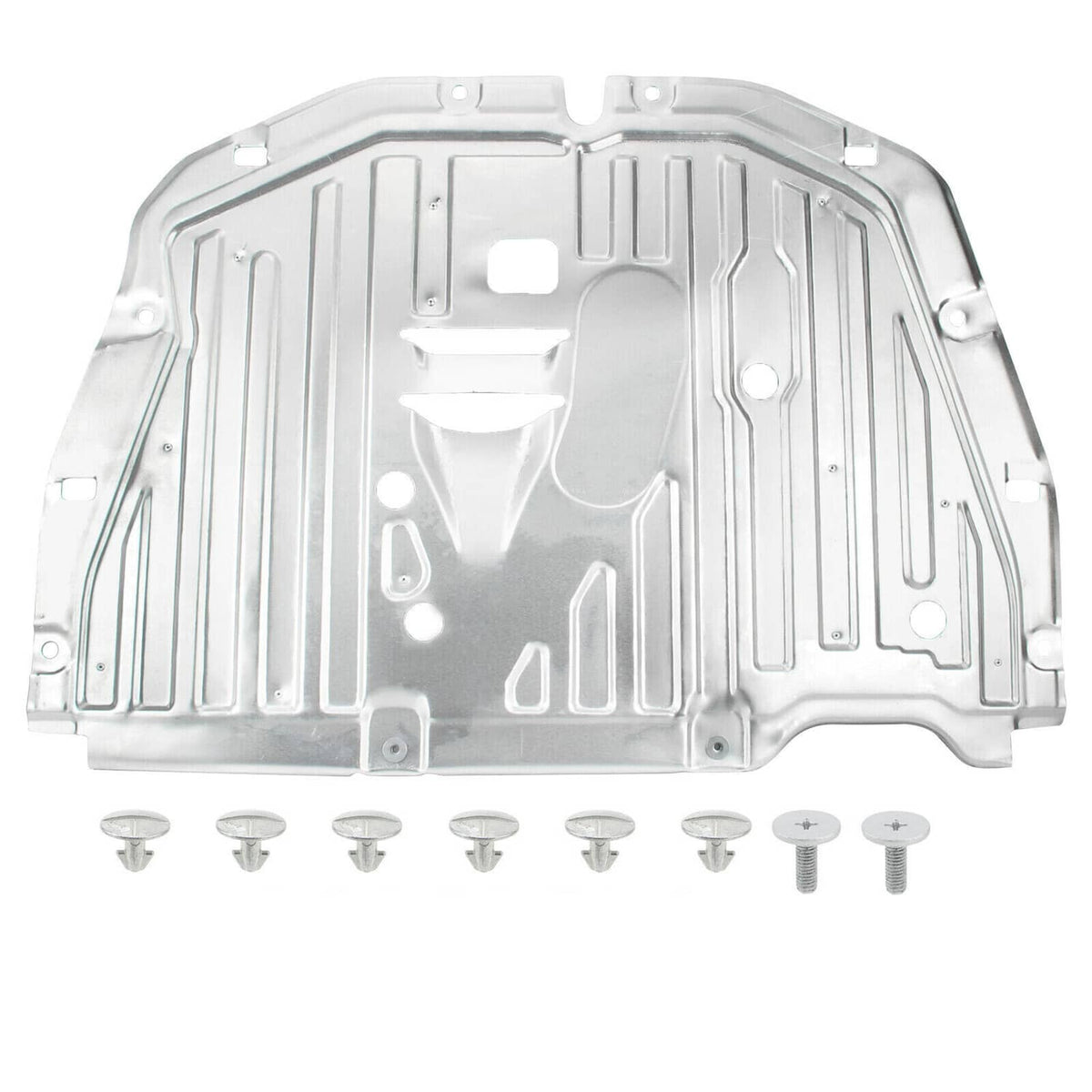 Under-engine splash shield panel with mounting points, silver-gray coated metal