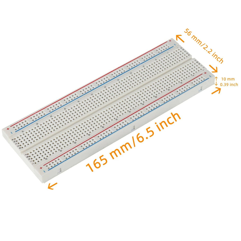 Solderless breadboard with pin holes and red/blue rails, with size markings