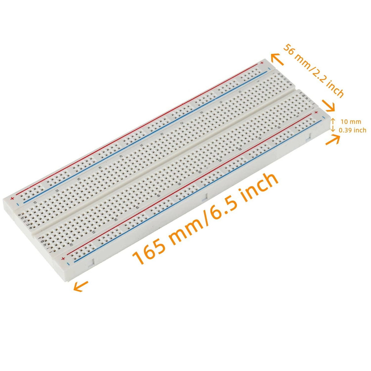 Solderless breadboard with pin holes and red/blue rails, with size markings
