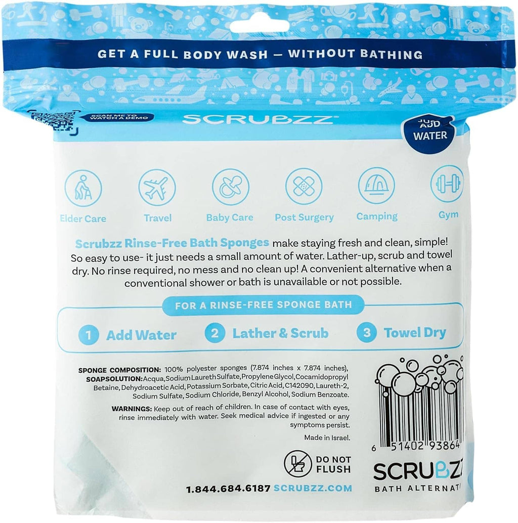 Back of rinse-free bath sponge pouch showing contents and sponge use steps
