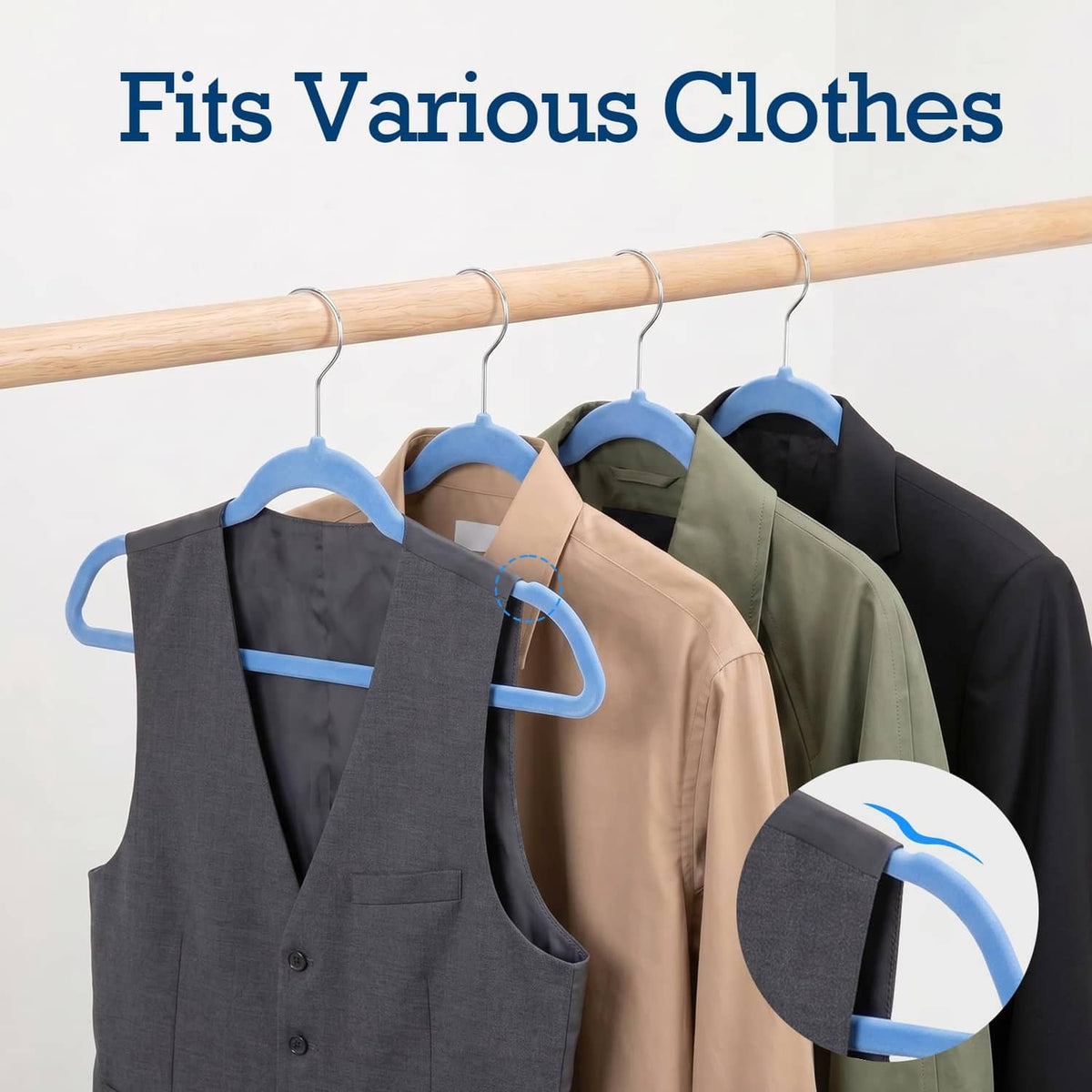 Tranquil-blue velvet hangers with silver hooks, holding shirts and jackets