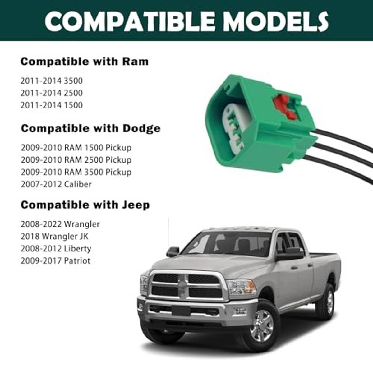 Green headlight wiring harness connector with black wires on a pickup vehicle shown