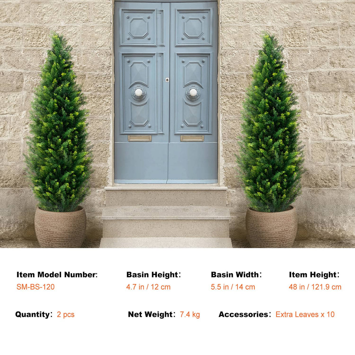Two artificial cedar topiary trees in tan fabric pots beside a light blue front door