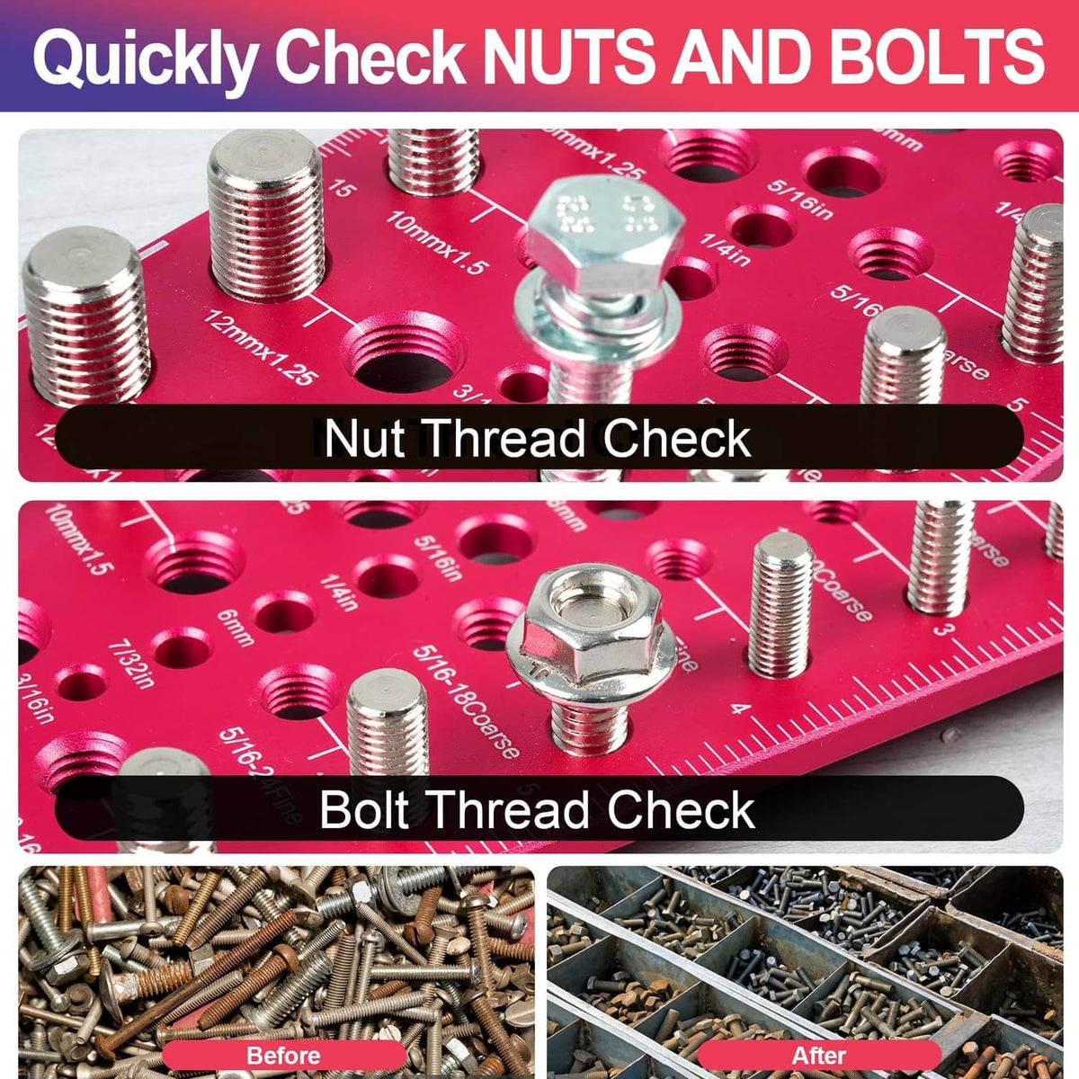 Red thread checker plate with bolts and nuts in metric and SAE hole rows