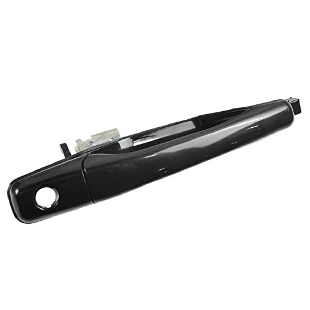 Black exterior door handle for front passenger side, angled view with mounting bracket