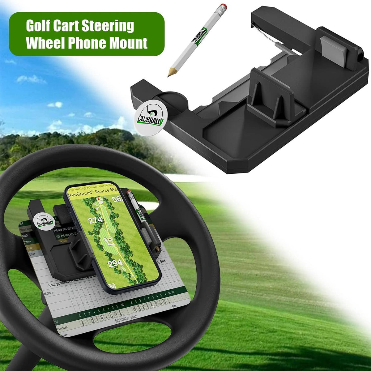 Black steering wheel phone mount accessory with phone cradle and adjustable bracket