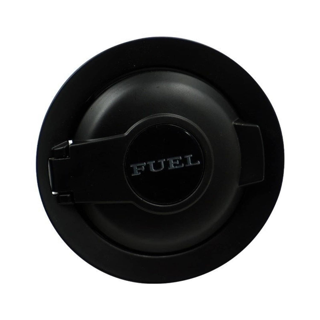Matte black fuel gas door cover with recessed “FUEL” lettering and side tabs