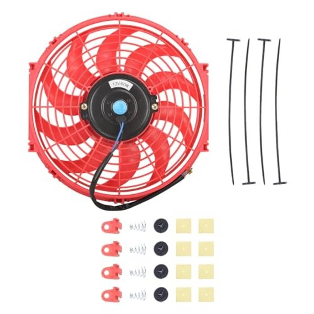 Red 12 inch radiator cooling fan kit with black motor hub, rods, and mounting parts