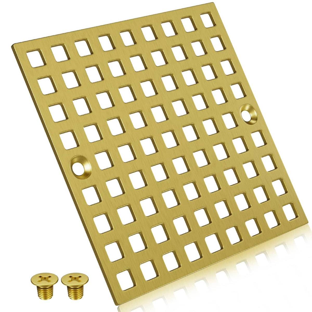 Brushed gold square shower drain cover with rectangular hole pattern