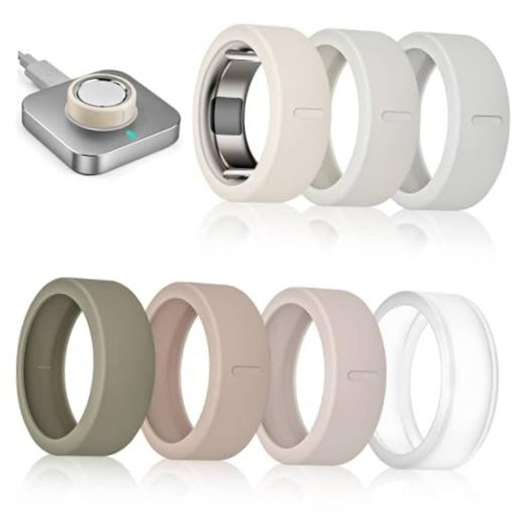 7-pack ring covers for Oura Ring Gen 4 in light gray and white, shown as a set