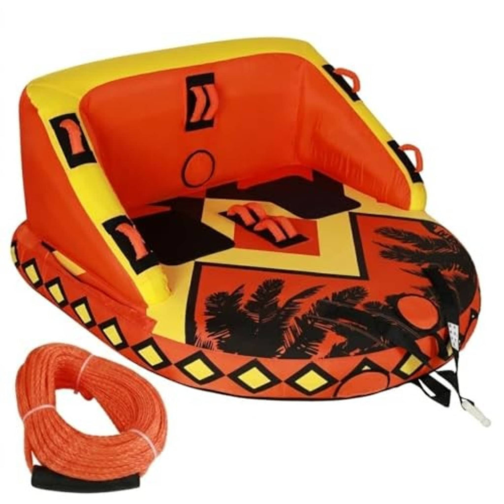 Orange and yellow inflatable tow tube with black palm-pattern seat and front tow rope