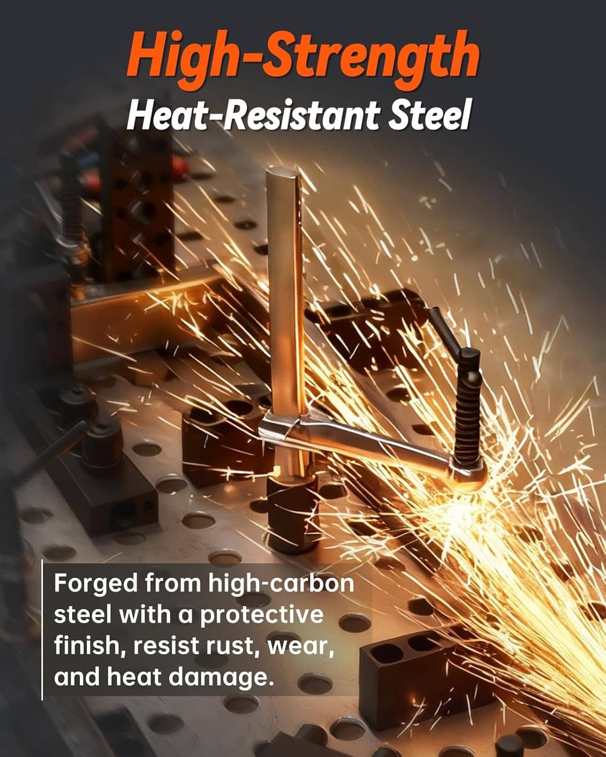 Welding table clamp with high-strength steel look, silver frame and black threaded post