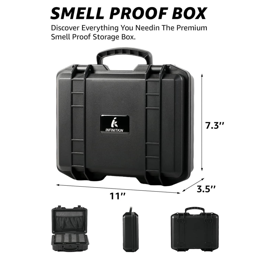 Black large smell-proof storage box with carry handle, front size marking shown