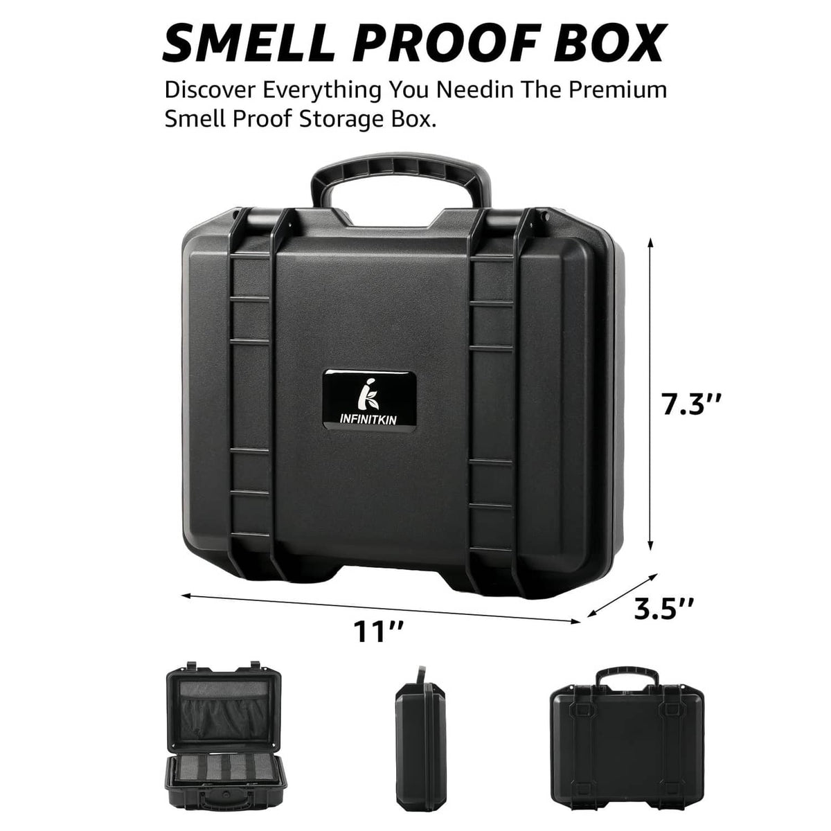 Black large smell-proof storage box with carry handle, front size marking shown