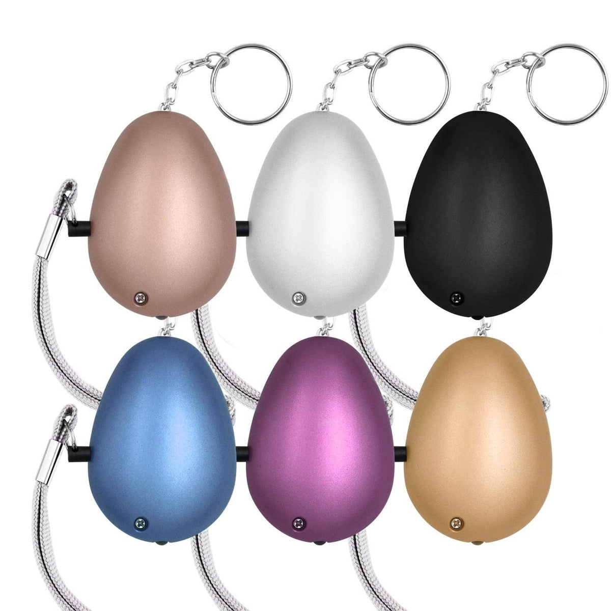 Assorted color personal security alarm keychains with pull cords and key rings.