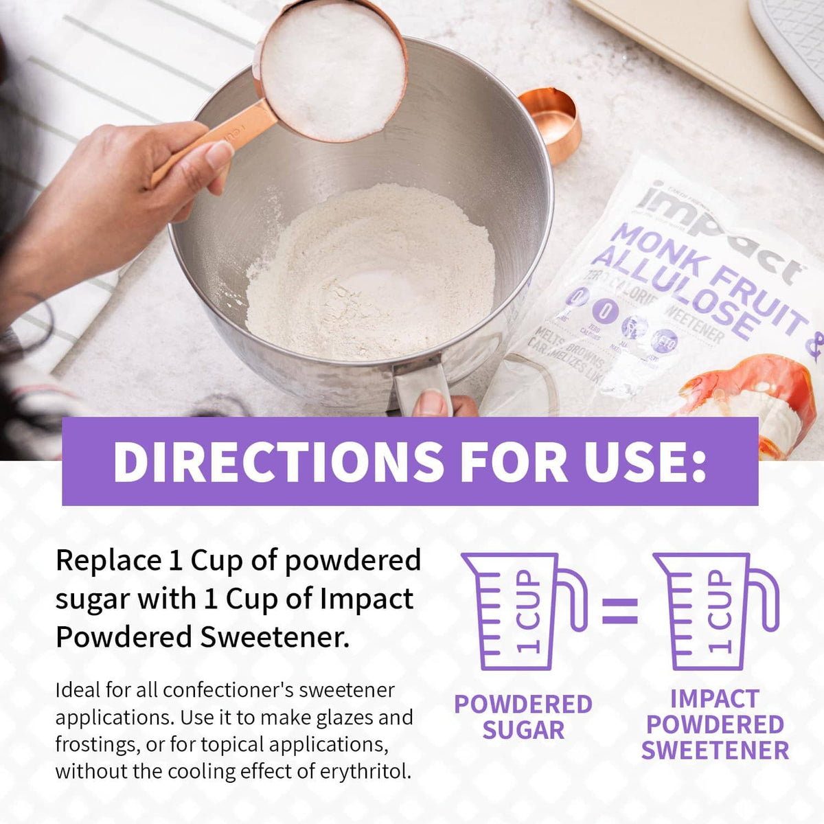 Impact monk fruit & allulose sweetener pouch beside bowl with measured white sweetener