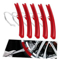 Five red wheel rim protectors with white rope ties for tire changing