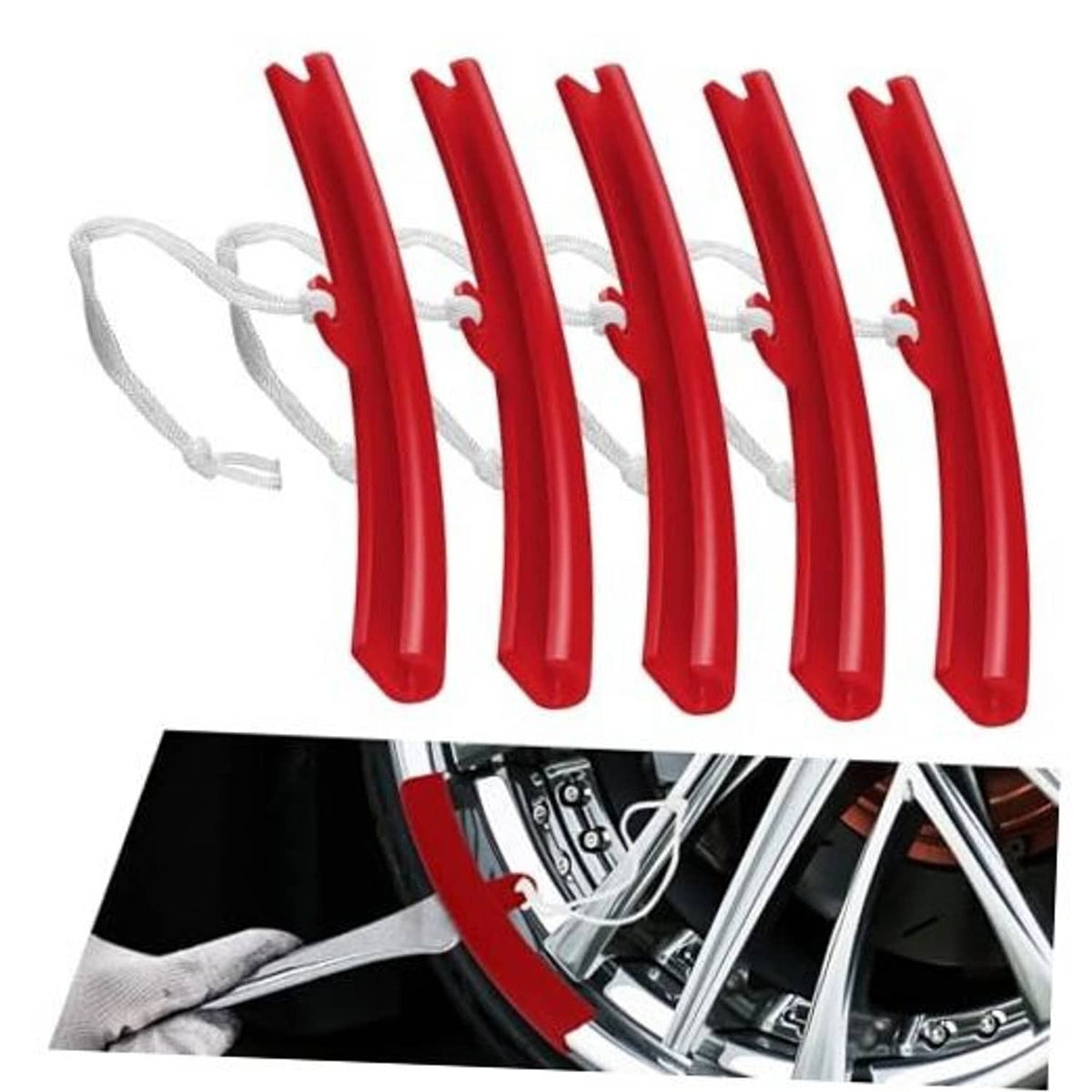 Five red wheel rim protectors with white rope ties for tire changing