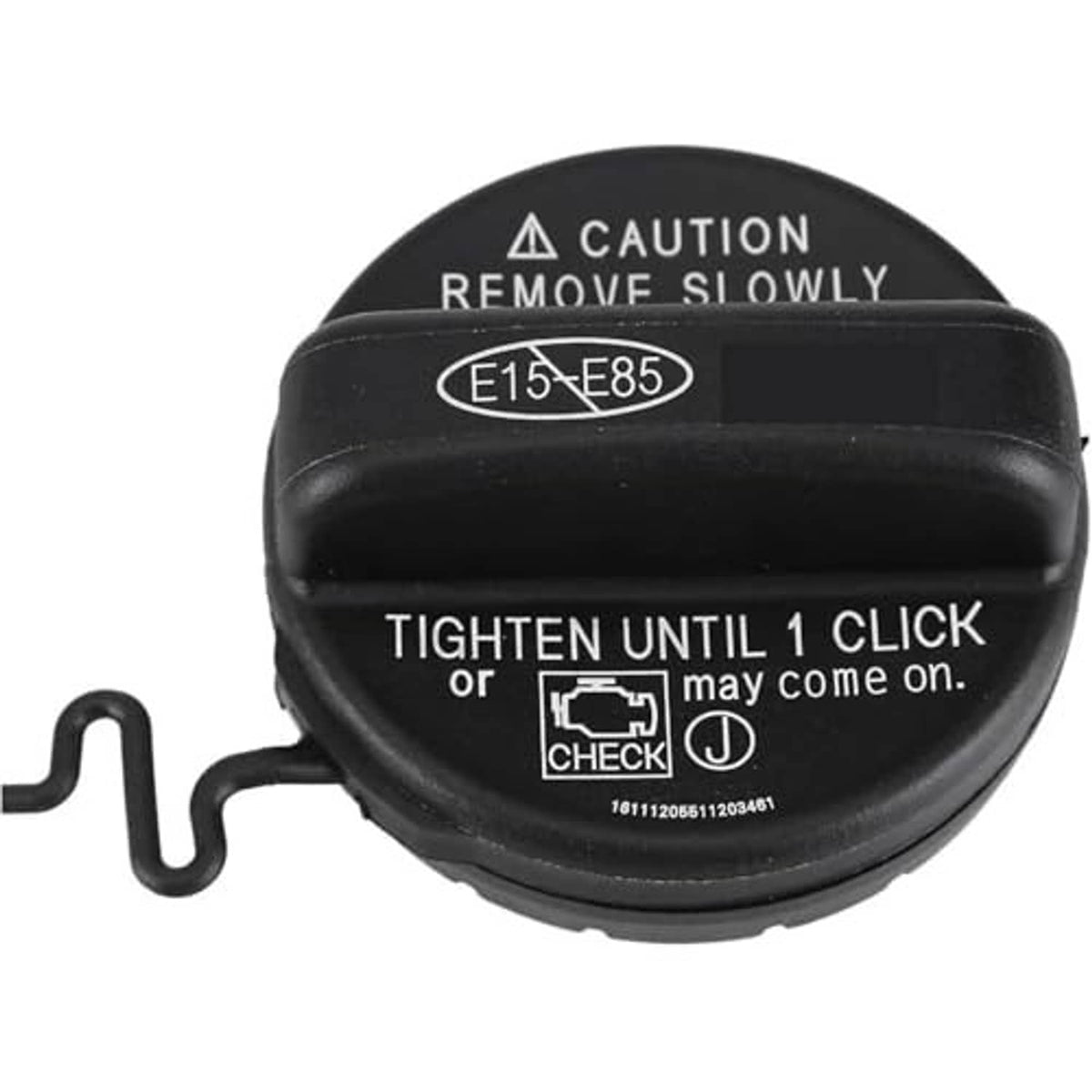 Black round fuel tank gas cap with caution text and tighten-until-1-click marking