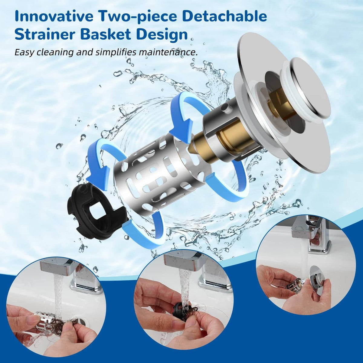 Chrome detachable drain strainer basket with removable bottom piece.