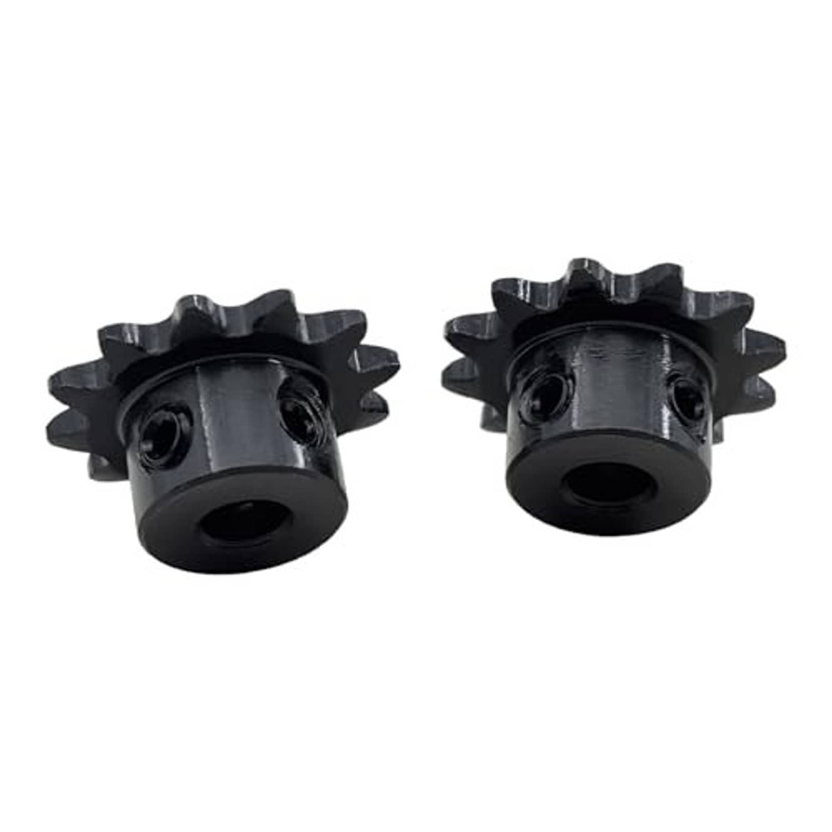 Black roller chain sprockets, front view, showing two mounting bores and teeth