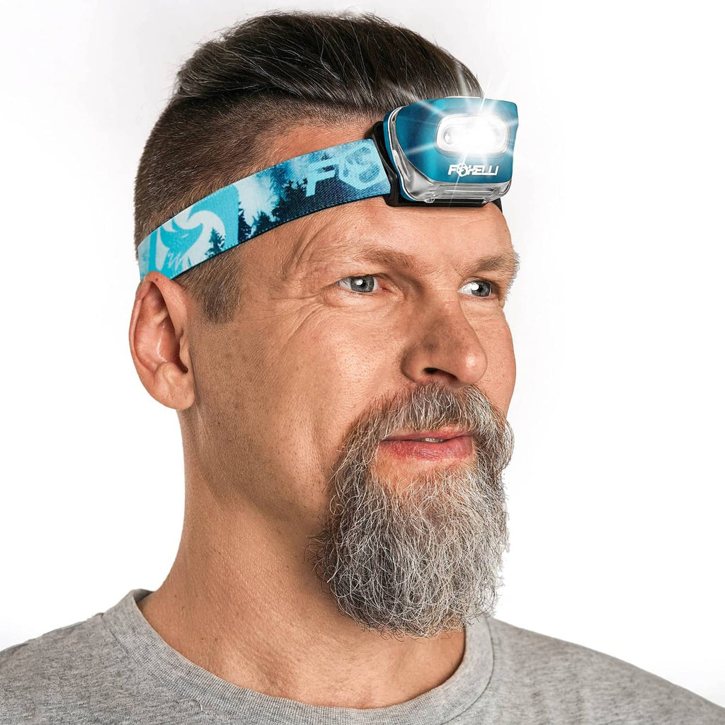 Foxelli LED headlamp on man with blue patterned headband
