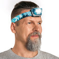 Foxelli LED headlamp on man with blue patterned headband