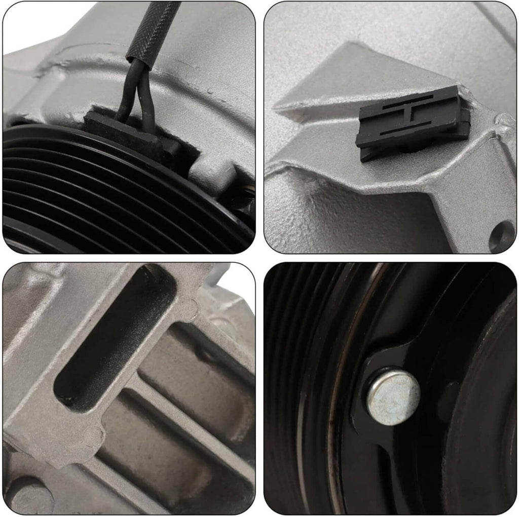 A/C compressor close-up details of wiring connector, housing parts, and pulley ribs